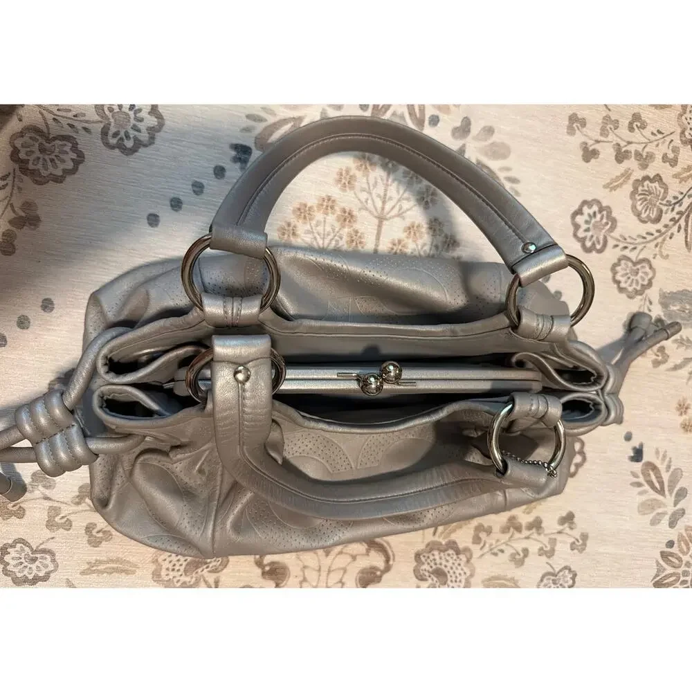 Coach Parker Perforated Gray Leather Kiss-Lock Satchel Tote 13611